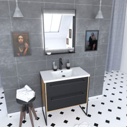 Aurlane - Meuble salle de bain 80x50cm - vasque blanche 80x50 cm - 2 tiroirs noir mat + miroir led