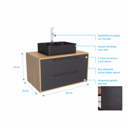 Pack meuble de salle de bain 53x45x80cm caisson 2 tiroirs + vasque rectangulaire noir mat - UBY 80