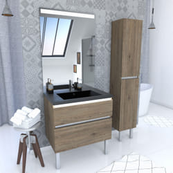 Meuble Salle de Bains 80 cm, Vasque Carrée, Miroir et Colonne - Chêne naturel et Noir - UBY