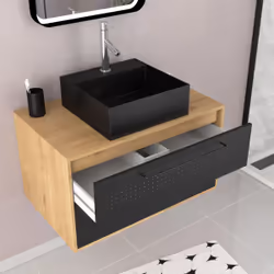 Meuble Salle de Bains 80 cm, Vasque Carrée, Miroir Led et Colonne - Chêne naturel et Noir - UBY