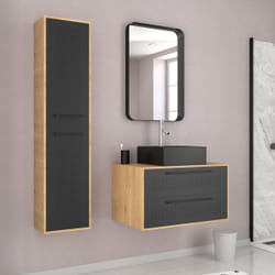 Meuble Salle de Bains 80 cm, Vasque Rectangle, Miroir et Colonne - Chêne naturel et Noir - UBY