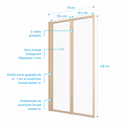 Pare baignoire Pivotant 2 Volets Or Doré Brossé - Verre Trempé 4mm - DUPLO - Vue supplémentaire 4
