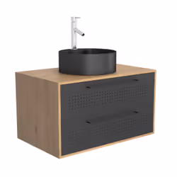 Meuble de Salle de Bains 80 cm avec Vasque Ronde - Finition Chêne naturel et Noir Mat - uby