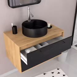 Meuble de Salle de Bains 80 cm, Vasque Ronde et Miroir - Chêne naturel et Noir Mat - uby