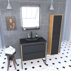 Meuble Salle de Bains 80 cm, Vasque Ronde, Miroir et Colonne - Chêne naturel et Noir - UBY