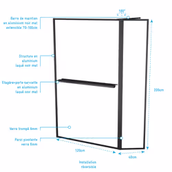 Paroi de Douche avec Volet Pivotant 120+40x200cm - Profilé, Porte-serviette et étagère noir mat - Vue supplémentaire 4