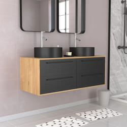Meuble de Salle de Bains 120 cm - 2 Vasques Rondes - Chêne naturel et Noir Mat - uby