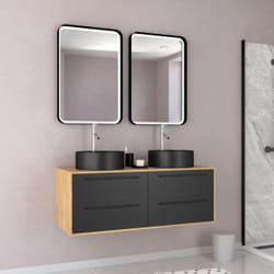 Meuble de Salle de Bains 120 cm2 Vasques Rondes2 miroirs Led - Chêne naturel et Noir Mat - uby