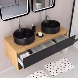 Meuble de Salle de Bains 120 cm2 Vasques Rondes2 miroirs Led - Chêne naturel et Noir Mat - uby