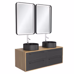 Meuble de Salle de Bains 120 cm2 Vasques Rondes2 miroirs Led - Chêne naturel et Noir Mat - uby