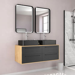 Meuble de Salle de Bains 120 cm2 Vasques Rectangles2 Miroirs Led - Chêne naturel et Noir Mat - uby