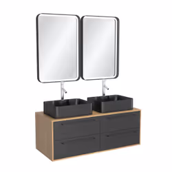 Meuble de Salle de Bains 120 cm2 Vasques Rectangles2 Miroirs Led - Chêne naturel et Noir Mat - uby