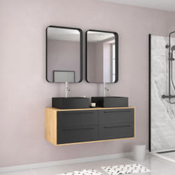 Meuble de Salle de Bains 120 cm2 Vasques Carrées2 miroirs - Chêne naturel et Noir Mat - uby