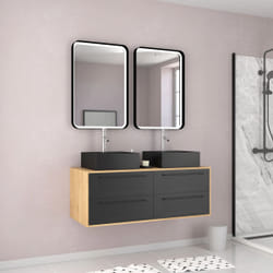 Meuble de Salle de Bains 120 cm2 Vasques Carrées2 miroirs Led - Chêne naturel et Noir Mat - UBY