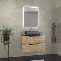 Aurlane - Meuble salle de bains 80 cm 2 tiroirs - Chêne et noir - Vasque rectangle - Miroir Led - omega