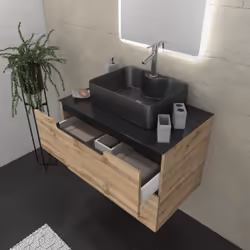 Aurlane - Meuble salle de bains 80 cm 2 tiroirs - Chêne et noir - Vasque rectangle - Miroir Led - omega