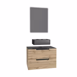Aurlane - Meuble salle de bains 80 cm 2 tiroirs - Chêne et noir - Vasque rectangle - Miroir Led - omega
