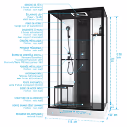 Cabine de douche rectangle 115x90x218 cm - Fonction HAMMAM, Jets Hydromassants, Led et Bluetooth - Vue supplémentaire 4
