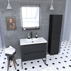 Aurlane - Meuble Salle de Bains 80 cm, Vasque Blanche, Miroir Led et Colonne - Chêne et Noir - structura