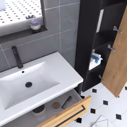 Aurlane - Meuble Salle de Bains 80 cm, Vasque Blanche, Miroir Led et Colonne - Chêne et Noir - structura