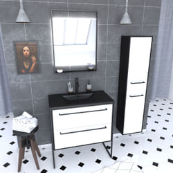Aurlane - Meuble Salle de Bains 80 cm, Vasque Blanche, Miroir et Colonne - Chêne et Noir - structura