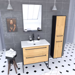 Aurlane - Meuble Salle de Bains 80 cm, Vasque Blanche, Miroir et Colonne - Chêne et Noir - structura