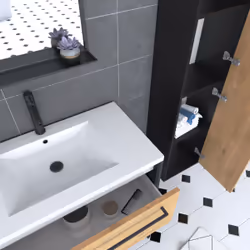 Aurlane - Meuble Salle de Bains 80 cm, Vasque Blanche, Miroir et Colonne - Chêne et Noir - structura