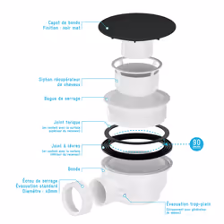 Aurlane - Bonde de Receveur Diamètre 90 mm - Capot Noir - Evacuation Horizontale