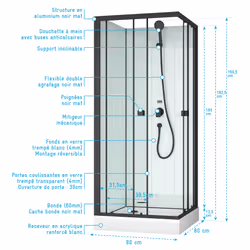 Aurlane Elementary Cabine de Douche Carrée 80x80 cm Noir Mat Portes Coulissantes - Vue supplémentaire 4