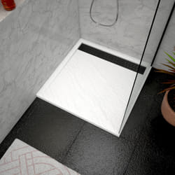 Receveur en acrylique Blanc Effet Pierre 90x90x4 cm + Grilles Linéaires Chrome et Noire - moon