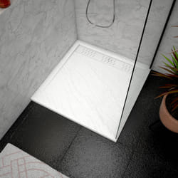 Receveur en acrylique Blanc Effet Pierre 90x90x4 cm + Grilles Linéaires Chrome et Blanche - moon