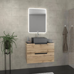 Aurlane - Meuble salle de bains 80 cm 2 tiroirs - Chêne et noir - Vasque carrée - Miroir Led - omega