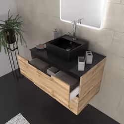 Aurlane - Meuble salle de bains 80 cm 2 tiroirs - Chêne et noir - Vasque carrée - Miroir Led - omega