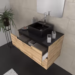 Aurlane - Meuble salle de bains 80 cm 2 tiroirs - Chêne et noir - Vasque carrée - Miroir 60x80 - omega