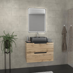 Aurlane - Meuble salle de bains 80 cm 2 tiroirs - Chêne et noir - Vasque rectangle - Miroir Black Led - omega