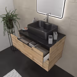 Aurlane - Meuble salle de bains 80 cm 2 tiroirs - Chêne et noir - Vasque rectangle - Miroir Black Led - omega