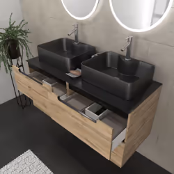 Meuble salle de bains 120cm Chêne et noir, Vasques rectangulaires et Miroirs Led Ø50cm - OMEGA