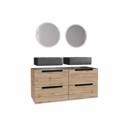 Meuble salle de bains 120cm Chêne et noir, Vasques rectangulaires et Miroirs Led Ø50cm - OMEGA