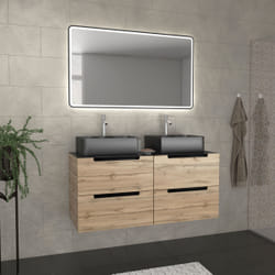 Aurlane - Meuble salle de bains 120cm Chêne et noir, Vasques rectangulaires et Miroir Black Led 120x70 - omega