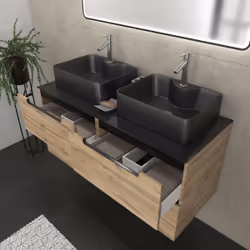 Aurlane - Meuble salle de bains 120cm Chêne et noir, Vasques rectangulaires et Miroir Black Led 120x70 - omega