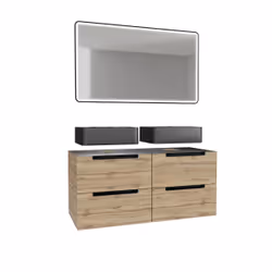 Aurlane - Meuble salle de bains 120cm Chêne et noir, Vasques rectangulaires et Miroir Black Led 120x70 - omega