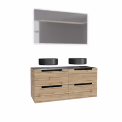 Aurlane - Meuble de salle de bains avec 2 vasques rondes et 1 miroir rectangulaire à led Naturel 120x50x45 cm - Naturel