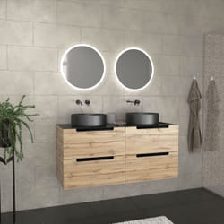 Aurlane - Meuble salle de bains 120cm Chêne et noir, Vasques rondes Ø36cm et Miroirs Led Ø50cm - omega