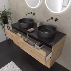 Aurlane - Meuble salle de bains 120cm Chêne et noir, Vasques rondes Ø36cm et Miroirs Led Ø50cm - omega