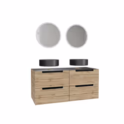 Aurlane - Meuble salle de bains 120cm Chêne et noir, Vasques rondes Ø36cm et Miroirs Led Ø50cm - omega