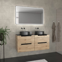 Aurlane - Meuble salle de bains 120cm Chêne et noir, Vasques rondes Ø36cm et Miroir Black Led 120x70 - omega