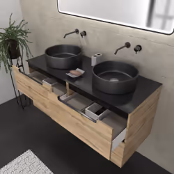 Aurlane - Meuble salle de bains 120cm Chêne et noir, Vasques rondes Ø36cm et Miroir Black Led 120x70 - omega