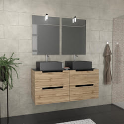 Aurlane - Meuble salle de bains 120cm Chêne et noir, Vasques carrées & Miroirs avec appliques 55x75 - omega