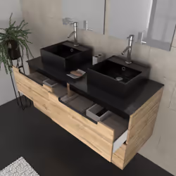 Aurlane - Meuble salle de bains 120cm Chêne et noir, Vasques carrées & Miroirs avec appliques 55x75 - omega