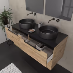 Aurlane - Meuble salle de bains 120cm Chêne et noir, Vasques rondes Ø36 & Miroirs avec appliques 55x75 - omega